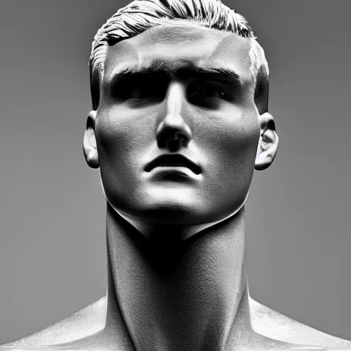 Image similar to a realistic detailed photo of a guy who is an attractive humanoid who is half robot and half humanoid, who is a male android, youtuber jake paul, shiny skin, posing like a statue, blank stare, at the museum, on display