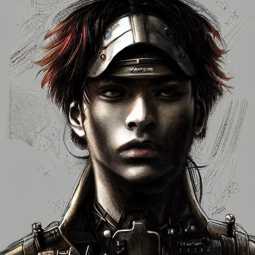 Image similar to portrait of a man by ayami kojima, black, french, he is about 2 0 years old, short black hair, annoyed older brother vibes, he is wearing a steampunk tactical gear, highly detailed portrait, digital painting, artstation, concept art, smooth, sharp foccus ilustration, artstation hq