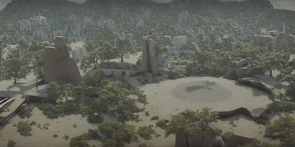 Image similar to 3d painted landscape with a single small yugoslavian brutalism monument in the center by james jean in no mans sky style, redshift, octane