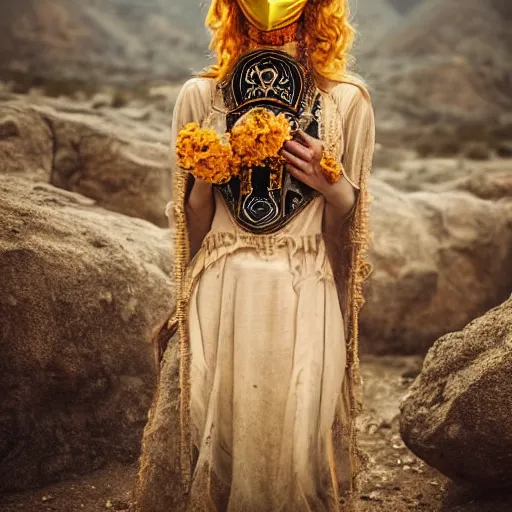 Image similar to The full body shot of beautiful pale lady with a while flower and full-face golden mask in a rocky desert background, multiple eyes and eyes reflection, long hair, photography, wide shot, day, cinematic composition, practical effects, award winning photo, 8k