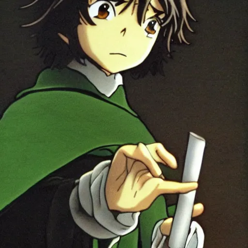 Image similar to peregrin took from the anime lord of the rings (1986), dark hair, green cape, hobbit, studio ghibli, very detailed, realistic