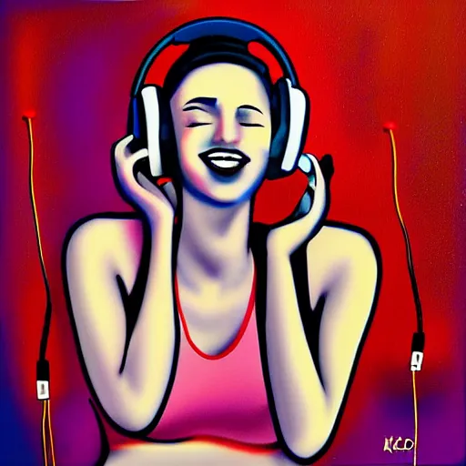 Prompt: a beautiful woman with headphones dancing by hed kandi