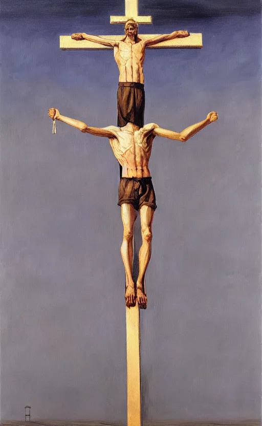 Prompt: Oil painting of a man in a business suit crucified on a wooden cross by Lucian Freud, Abstract brush strokes, Masterpiece, Edward Hopper and James Gilleard, Zdzislaw Beksinski, Mark Ryden, Wolfgang Lettl highly detailed, hints of Yayoi Kasuma