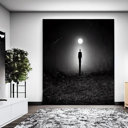 Image similar to slender man creeping at night, dark image, horror, Christmas tree with lights, fireplace in background, inside living room. Dark spect, 4k realistic