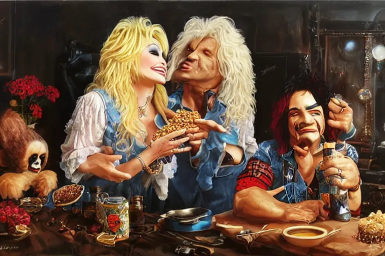 Prompt: dolly parton sharing baked beans with paul stanley in kiss makeup, an oil painting by ross tran and thomas kincade