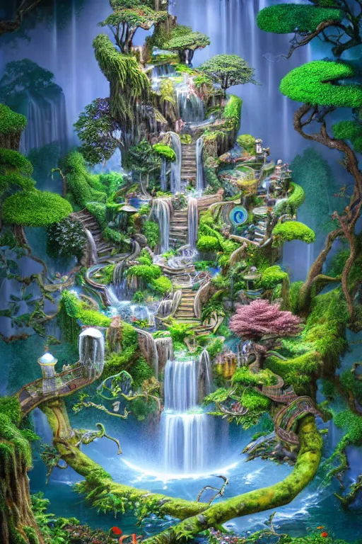 Image similar to isometric view of a fantastical garden with waterfalls and giant trees, by Andrei Riabovitchev, Shaun Tan, Peter Mohrbacher and Takayuki Takeya, ancient ornate intricate, cinematic, realistic, intricate detail, finely detailed, small details, extra detail, photorealistic, high resolution, 3D, PBR, blue light, path tracing, volumetric lighting, octane render, arnold render, 8k