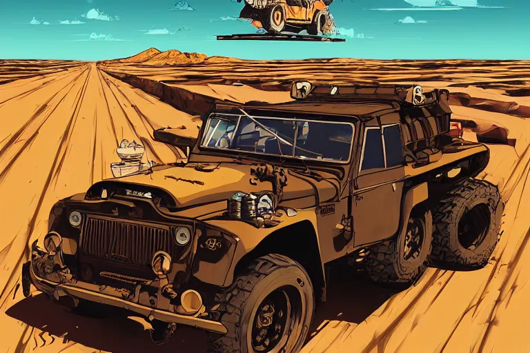 Prompt: digital illustration of mad max's fj 4 0 pursuit special, the last v 8 interceptor driving down a deserted dessert highway in the middle of the day by studio ghibli, anime style, by makoto shinkai, ilya kuvshinov, lois van baarle, rossdraws, basquiat