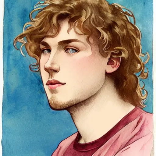 Image similar to watercolor drawing of a young cute handsome beautiful strawberry blond medium very curly thick hair and slight thin facial hair man in his early 2 0 s wearing a blank maroon t - shirt with grey - blue eyes, by elizabeth peyton and alphonse mucha