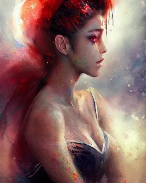 Prompt: an epic painting of sailor moon as a real girl, sailor moon hairstyle, oriental tattoos, realism, dramatic, intricate, by jeremy mann and greg rutkowski, dramatic earth colors, few vivid red highlights, trending on artstation, pixiv, oil on canvas