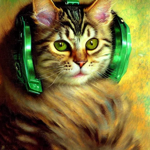 Prompt: portrait fluffy tabby feline with green human eyes wearing a space suit. shadowrun furaffiniy furry art cyberpunk fantasy highly detailed painting by gaston bussiere craig mullins jc leyendecker gustav klimt artgerm greg rutkowski john berkey, bergey, craig mullins, ruan jia, raymond swanland, jeremy mann, tom lovell, alex malveda