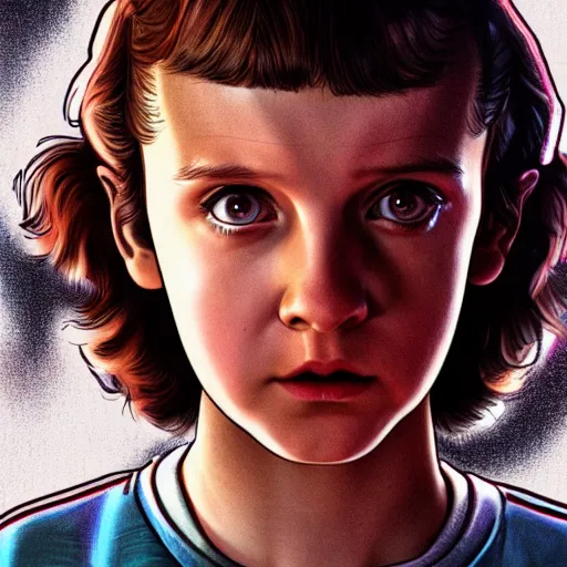 Prompt: eleven from stranger things with her hand outstretched facing the camera, trending on artstation, art by yoshitaka amano, 4k