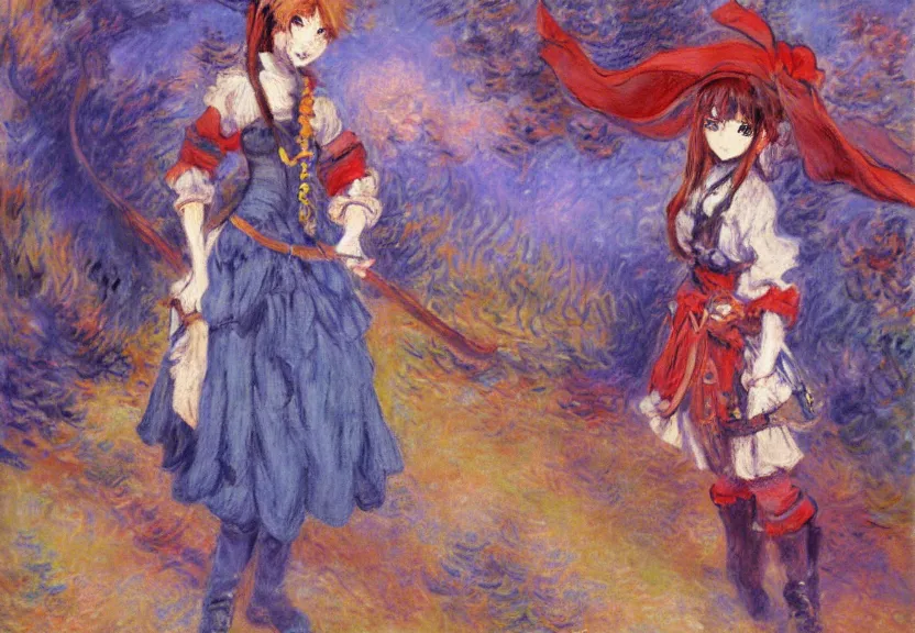 Image similar to wide angle perspective of a female pirate, a thrifty uniform, somewhat of an anime in impressionist style, trending artwork, made with anime painter studio, by claude monet and an anime artist, collaboration