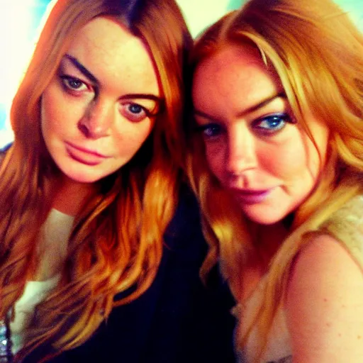 Image similar to Selfie photograph of Lindsay Lohan and Lindsay Lohan, golden hour, 8k,