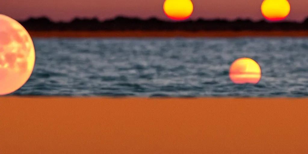 Image similar to a high detail photograph of a sunset at a beach in a cyberpunk world with two moons, realism, 8 k, award winning photograph