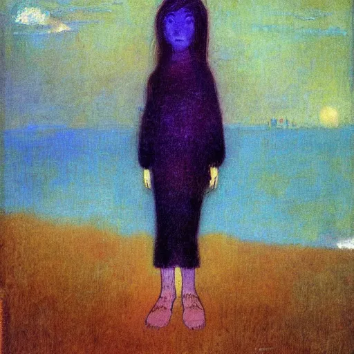 Image similar to glitch girl and very very tall monster wrapped in a blanket looks into the distance on the beach, in the rain, style by odilon redon, atmospheric