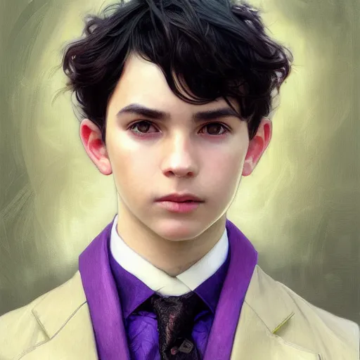 Prompt: portrait of a boy with goat horn, medium black hair, purple eyes, conductor, black suit, fantasy, intricate, elegant, highly detailed, digital painting, artstation, concept art, smooth, sharp focus, illustration, art by artgerm and greg rutkowski and alphonse mucha