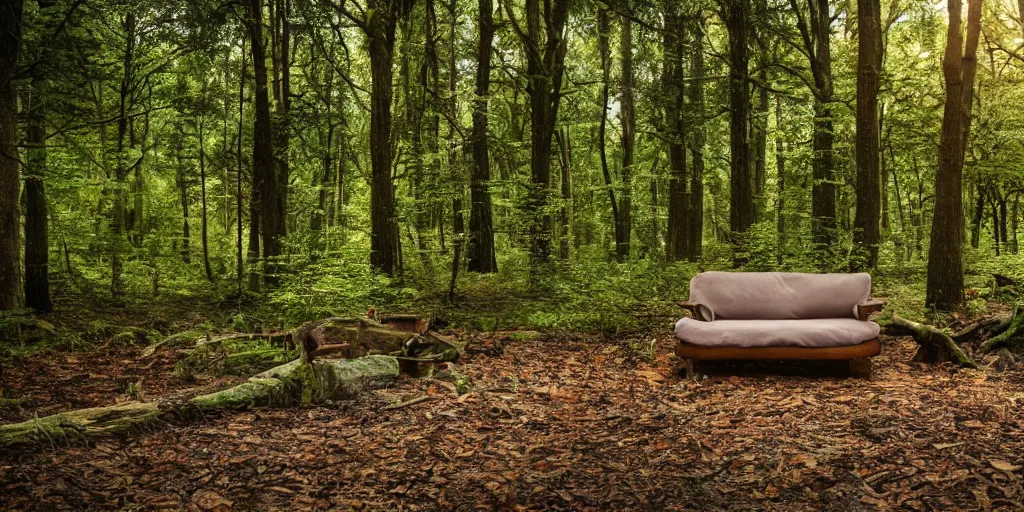 Image similar to a couch in the middle of a forest, beautiful ambient light, 8k photography