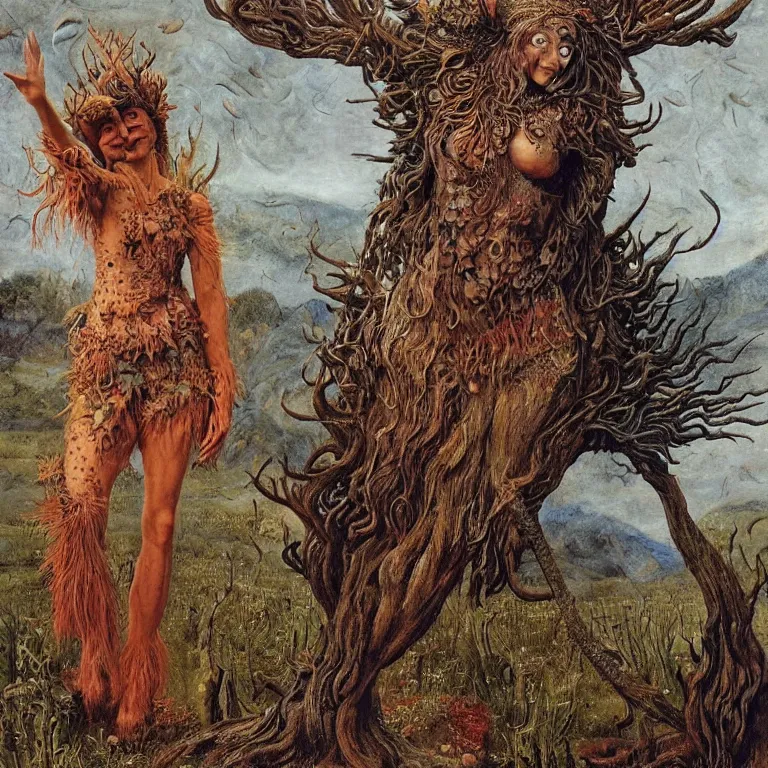 Image similar to a grinning druid dryad with fish skin transforming herself into a mad beast. her skin is covered in scales and feathers. landscape with mountains, river and night sky. painted by jan van eyck, max ernst and ernst haeckel, trending on artstation, 8 k, award winning, hard lighting, fashion editorial, mythology