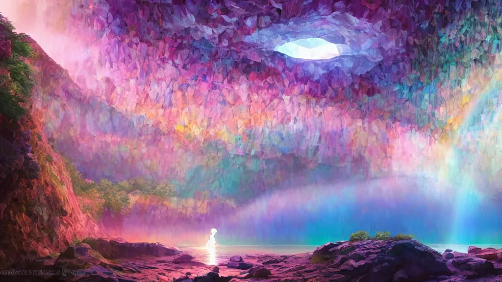 Prompt: inside a intricate rainbow crystal cave there was a lake, filled by the light of a beautiful silver moon, and over it was the sky, dynamic lighting, cinematic lighting, lit by moonlight, by krenz cushart and ilya kuvshinov and artgerm, unreal engine, featured on artstation, ultrawide angle, polarizer filter : 1 0