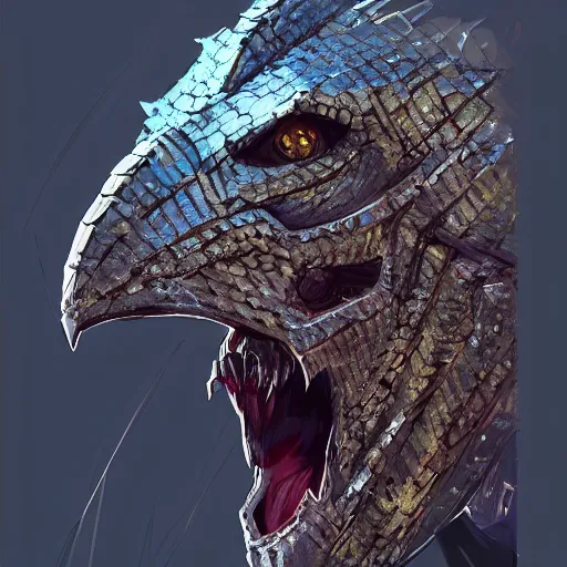 Image similar to portrait of an antropomorphic raptor knight, reptile face, wearing chainmail armor, angry look, ready for battle, mattepainting concept blizzard pixar maya engine on cold night stylized background splash comics global illumination lighting artstation lois van baarle, ilya kuvshinov, rossdraws