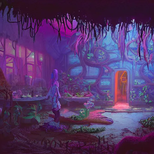 Image similar to concept art painting of a interior of a cozy alien fantasy cottage made of mushrooms and fungus, with black vines and magenta houseplants, blue and magenta light, realistic, detailed, cel shaded, dark, in the style of makoto shinkai and greg rutkowski and james gurney