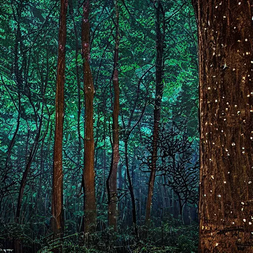 Image similar to shady forest at midnight, moonglow, moon rays, rocks, small creek, fireflies.