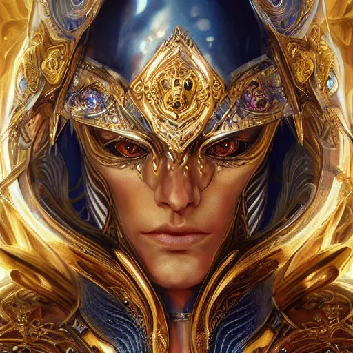 Image similar to a beautiful symmetrical muscular body wearing an armor made of golden ornaments and gems by alex gray and android jones , Karol Bak, Ayami Kojima, Amano , concept art, character design, fantasy,3D, 8k resolution