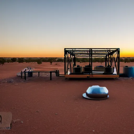 Image similar to mobile drone 3d printer, giant extrusion nozzle printing an earthship house frame in the australian desert, XF IQ4, 150MP, 50mm, F1.4, ISO 200, 1/160s, dawn