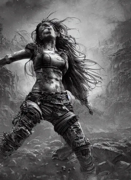 Prompt: Wasteland survivor girl dancing in the acid rain, dramatic lighting, cinematic, establishing shot, extremely high detail, foto realistic, cinematic lighting, pen and ink, intricate line drawings, by Yoshitaka Amano, Ruan Jia, Kentaro Miura, Artgerm, post processed, concept art, artstation,