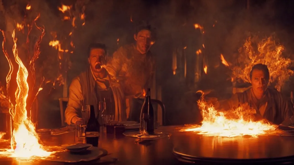 Prompt: the strange creature in a restaurant serves people, made of fire and water, film still from the movie directed by Denis Villeneuve with art direction by Salvador Dalí, wide lens