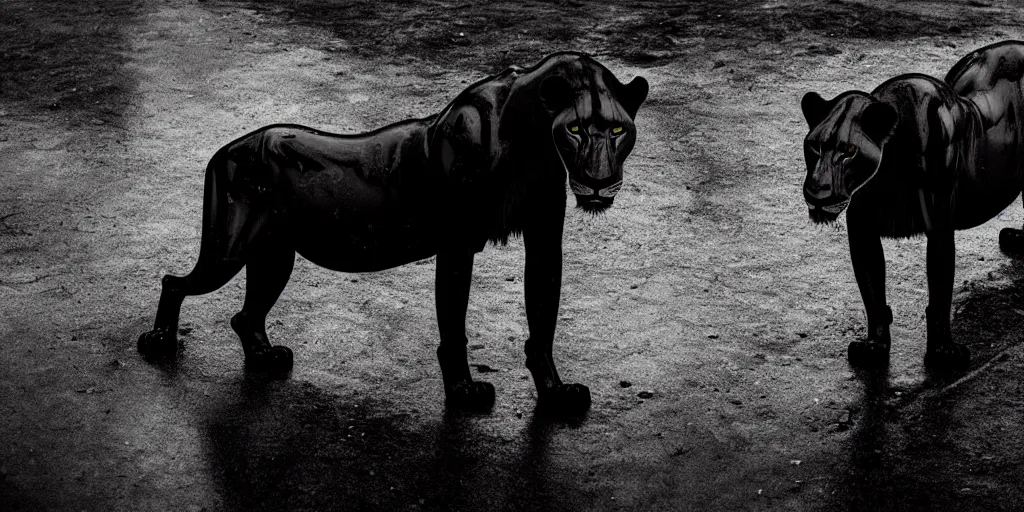 Prompt: the black lioness made of goo, stalking prey in the tar covered alley at night, viscous, sticky, dripping black goo, dripping goo, sticky black goo. photography, dslr, reflections, black goo, rim lighting, cinematic light, horror, contrast, volumetric, neon, tar pit