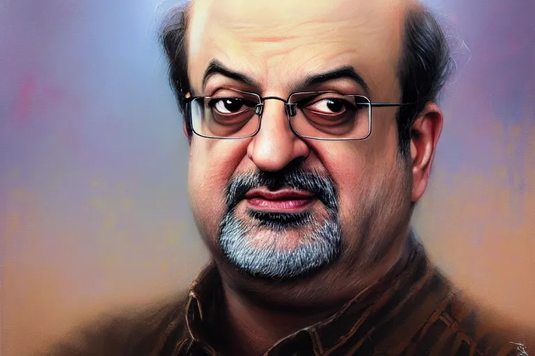 Image similar to poster portrait of salman rushdie. oil painting elegant, highly detailed, centered, digital painting, artstation, bollywood, india, concept art, smooth, sharp focus, illustration, artgerm, tomasz alen kopera, peter mohrbacher, donato giancola, joseph christian leyendecker drew struzan