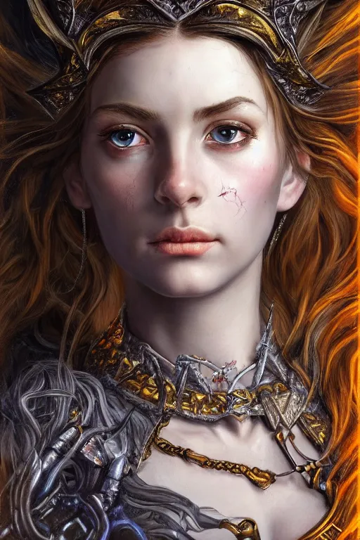 Prompt: high quality extremely detailed closeup portrait of a young gorgeous female warlock looking away from the camera, grey eyes, sparkle in eyes, no hands visible, fantasy, d & d, intricate, painting by lucian freud and mark brooks, hd