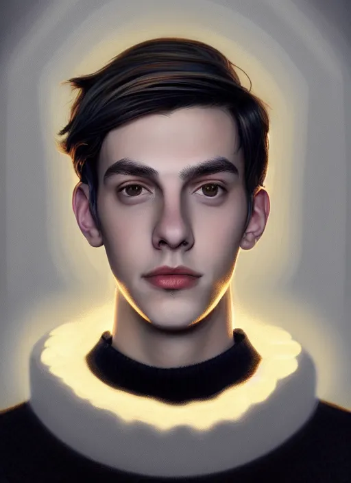 Image similar to portrait of teenage jughead jones wearing a light grey crown, crown, blue turtleneck, closed eyes, photorealistic, black hair, glowing lighting, intricate, elegant, glowing lights, highly detailed, digital painting, artstation, concept art, smooth, sharp focus, illustration, art by wlop, mars ravelo and greg rutkowski