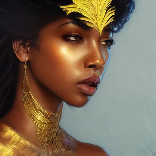 Prompt: a portrait of an attractive young Black female, beautiful long hear, clothed in golden feathers, intricate, elegant, highly detailed, digital painting, trending on artstation, concept art, smooth, sharp focus, illustration, art by artgerm and greg rutkowski and alphonse mucha