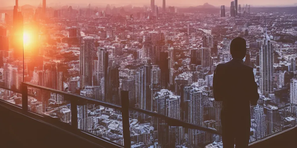 Prompt: a man holding a cocktail looking through the window of a skyscraper over looking a utopian city, golden hour, cinematic lighting, depth of field, epic