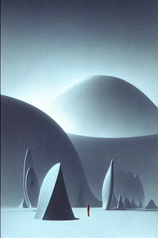 Image similar to otherworldly atmosphere of emissary mars by arthur haas and bruce pennington and john schoenherr, cinematic matte painting buildings by zaha hadid and james turrell in the mountains with falling snow