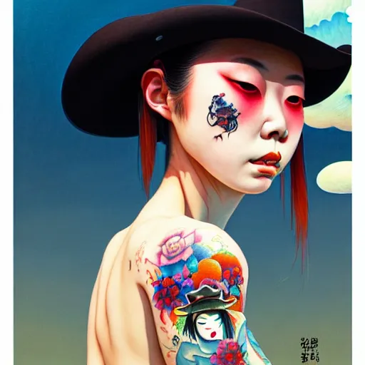 Image similar to full view of taiwanese girl with tattoos, wearing a cowboy hat, style of yoshii chie and hikari shimoda and martine johanna and edward hopper and james gilleard and zdzislaw beksisnski, highly detailed