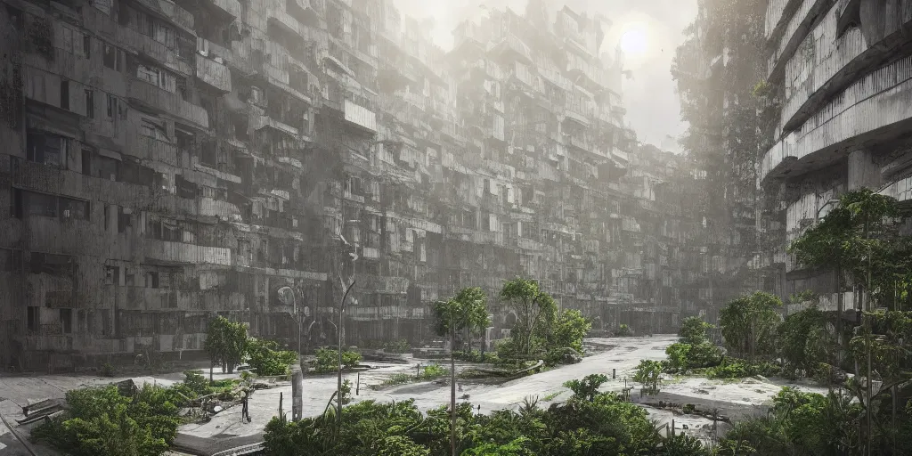 Prompt: An abandoned expansive brutalist city made of concrete:: overgrown by green plants and lit by sunlight:: Beautiful lighting:: highly detailed digital art, trending on Artstation::