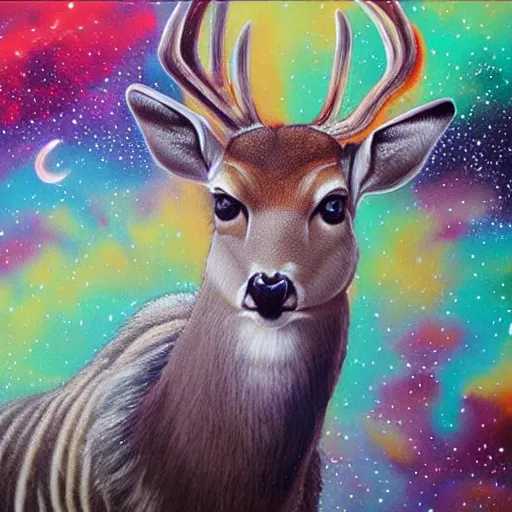 Image similar to wild deer in space, mural art