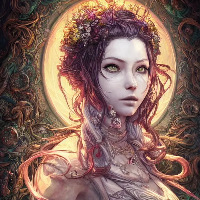 Image similar to the portrait of chaotic good female druid alchemist as absurdly beautiful, gorgeous, elegant, young gravure idol, an ultrafine hyperdetailed illustration by kim jung gi, irakli nadar, intricate linework, sharp focus, bright colors, octopath traveler, final fantasy, unreal engine 5 highly rendered, global illumination, radiant light, detailed and intricate environment