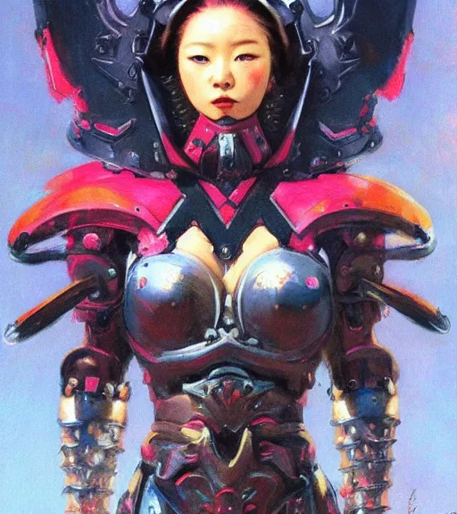 Prompt: portrait of strong korean female chaos angel, beautiful! coherent! by frank frazetta, by brom, strong line, vivid neon color, spiked scrap metal armor, iron helm, high contrast, maximalist