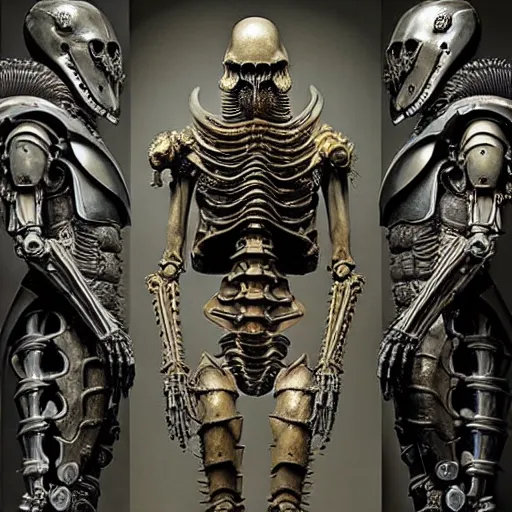 Image similar to still frame from Prometheus movie by giger, necron lord editorial by Malczewski, biomechanical armoured knight by Wayne Barlowe, ornate elaborate complex artifact of death