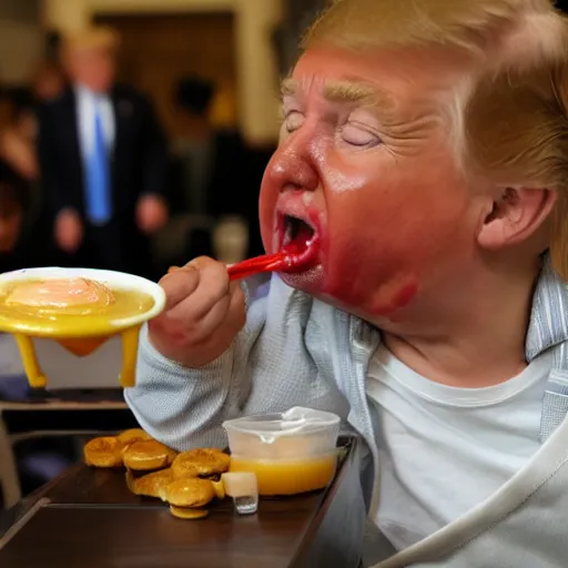 Image similar to crying donald trump in a highchair with pudding on face, gettyimages,