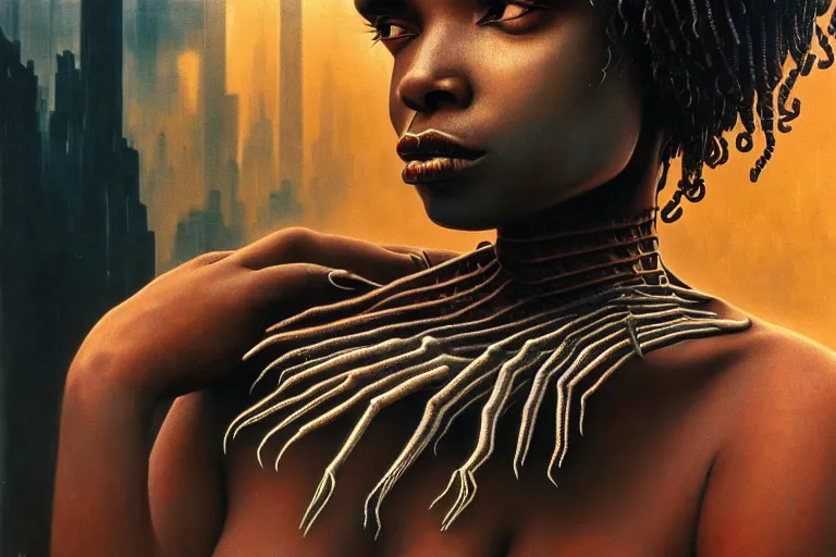 Image similar to realistic detailed closeup portrait movie shot of a beautiful black woman with a giant spider, dystopian city landscape background by denis villeneuve, amano, yves tanguy, alphonse mucha, max ernst, kehinde wiley, caravaggio, roger dean, cyber necklace, rich moody colours, sci fi patterns, wide angle