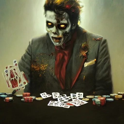 Image similar to UHD tonalism painting of Zombie Elvis playing poker, by Antonio Caparo and Ferdinand Knab and Greg Rutkowski, UHD, photorealistic, trending on artstation, trending on deviantart