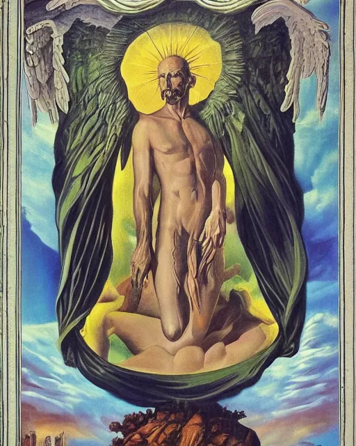 Image similar to surrealism : godly men from the realm of universe, hyperreal, detailed, the judgement an angel simetrical for the tarot of marseille, riddim, directorio