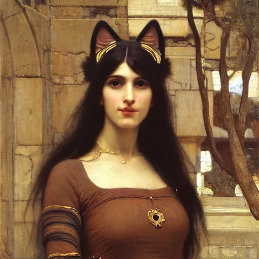 Image similar to orientalist portrait of an olive - skinned witch with cat ears in a sandstone intricate portrait by john william waterhouse and edwin longsden long and theodore ralli and henryk siemiradzki and wlop, very coherent symmetrical artwork. cinematic, hyper realism, high detail 8 k