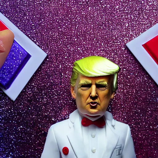 Image similar to Donald Trump with silver-violet hair, white eyes and golden glittery dress, wide lens, diorama, 4k,