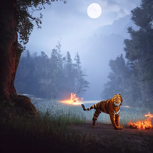 Prompt: a unreal engine scene, tiger of fire, full moon, concept art, hyperrealistic, trending on artstation, high quality, highly detailed, path traced, soft lighting, soft colors, digital art, 8 k hdr, octane render, unreal engine 5,